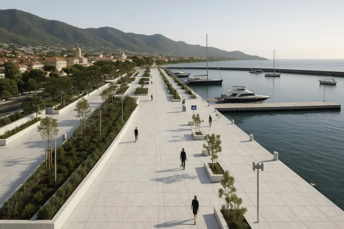 Illustrative natural-stone paving in a waterfront public space